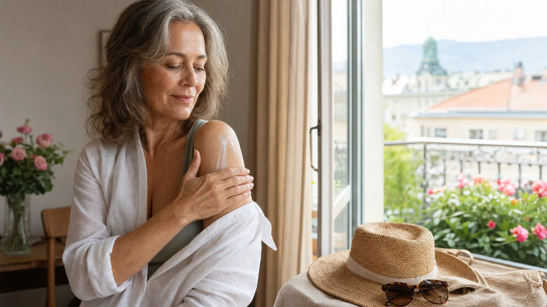 Слънцезащита за тяло SPF50 — жена след 40 нанася крем върху раменете преди излизане